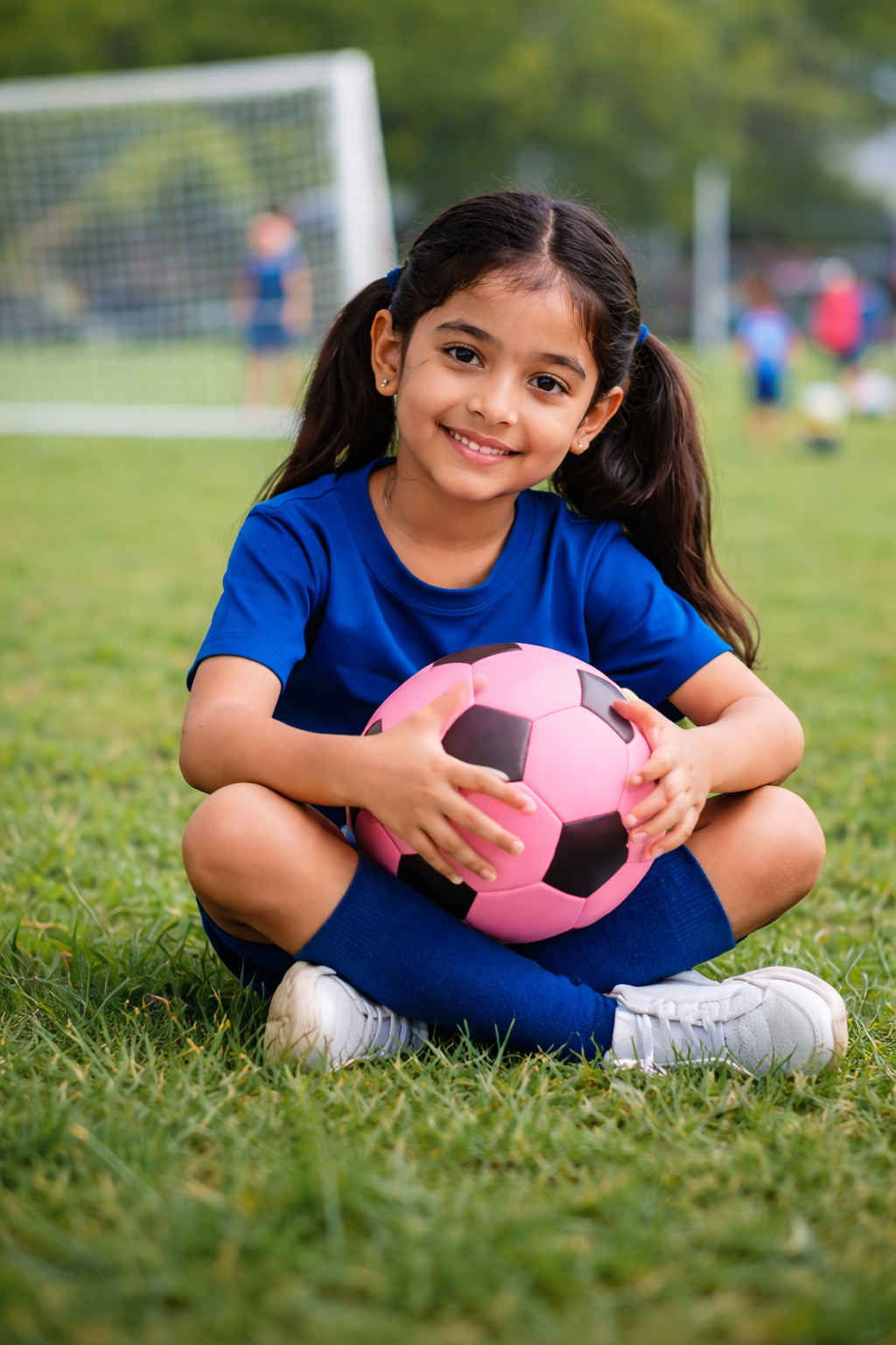 Girl holding a soccer ball on field